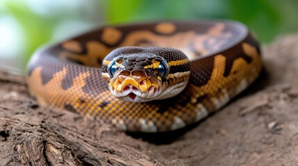 Poster - Close-up view of a colorful ball python coiled on a log, showcasing its intricate orange and brown markings with a focused gaze. The bokeh background enhances the animal's natural patterns