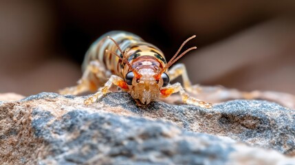 Poster - Extreme close-up of Jerusalem cricket perched on rocky surface. The subject is in sharp focus showcasing detailed texture and coloration. The depth of field is shallow, emphasizing the subject