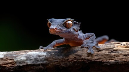 Poster - Close-up of a rough-skinned gecko with amber eyes perched on a lichen-covered branch against a dark backdrop. The lighting accentuates the gecko's texture and vibrant eye color, creating a striking