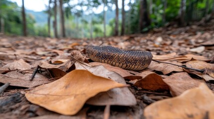 Poster - Close-up shot capturing a large caterpillar with brown and black spots resting on a bed of dried brown leaves in a forest, with trees visible in the blurred background