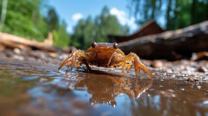 Poster - Low angle shot of a brown frog standing in shallow water, creating a mirror image reflection. The background features blurred greenery and logs in a forest setting under a clear blue sky. The