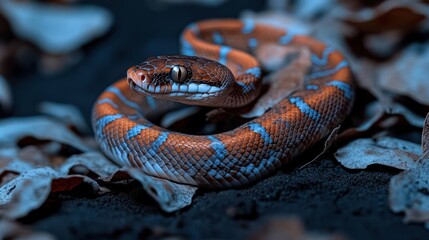 Aufkleber - Captured in a close-up, a vibrant brown and blue snake coils on dark ground amid fallen leaves. The snake's detailed scales catch the light, contrasting sharply with the muted background