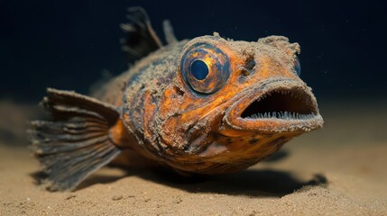 Poster - A close-up shot of a bizarre orange fish with large eyes and a gaping mouth, covered in sand on the seafloor. The background is dark, emphasizing the fish's unusual features and texture of its skin