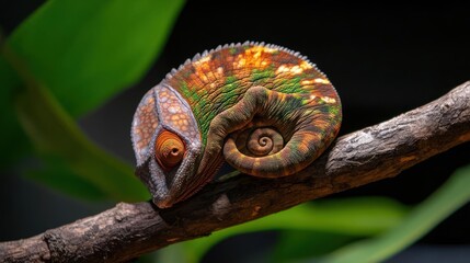 Aufkleber - Macro photograph captures a vibrant chameleon perched on a branch. The chameleon has a textured skin and spiral tail, showcasing natural colors and a detailed texture against a backdrop of green