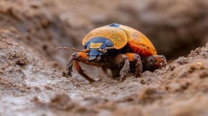 Poster - Macro shot of a small orange beetle with black spots crawling on muddy ground. The beetle is covered in dirt and the background is a blurry mix of brown and beige tones, highlighting the texture of
