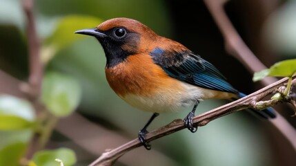 Poster - A small bird with vibrant plumage featuring hues of orange, blue, black, and white perched delicately on a slender twig surrounded by lush green foliage. The bird's sharp beak and focused gaze