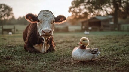 Poster - A heartwarming scene unfolds as a brown and white cow rests peacefully in a lush green field, sharing the space with a small, fluffy duck. The gentle light of the setting sun bathes the scene