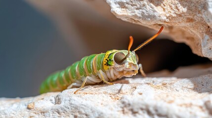 Poster - Macro shot of a green and yellow caterpillar crawling on a textured white surface under bright light, showcasing intricate details of its body and antennae against a blurred background