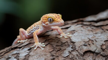 Poster - Captivating close-up of a golden gecko perched on a textured tree branch. The reptile's delicate features and mottled pattern are highlighted against the blurred backdrop of green foliage