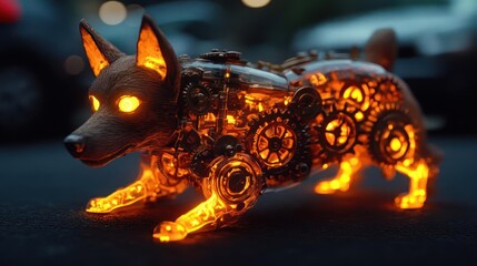Aufkleber - A robotic wolf stands on a textured black surface, glowing with orange light emanating from its mechanical innards in a close-up shot with a blurred vehicle background
