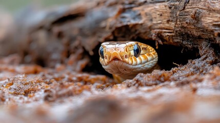 Leinwandbilder - Close-up of a snake emerging from a hole in a log, showcasing its patterned scales and alert expression. The setting features earthy tones and shallow depth of field, drawing focus to the reptile's