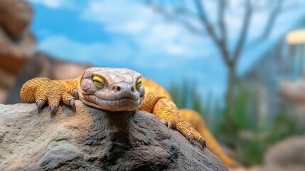 Poster - Close-up of a lizard with a yellow patterned body resting on a rock. The scene is set against a blurred background featuring a blue sky and greenery, creating a serene and naturalistic composition