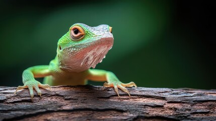 Poster - A vibrant green lizard with red eyes perches on a textured tree branch against a blurred green backdrop. The lizard's scaly skin and detailed features are highlighted in this close-up shot