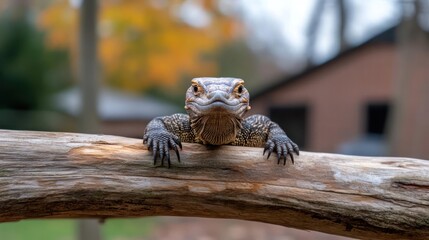 Poster - A detailed eye-level shot of a monitor lizard perched on a weathered tree branch with a blurred background of autumn leaves and a rustic brick building, showcasing its textured skin and focused gaze