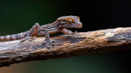 Poster - Close up shot of a small brown gecko with textured skin and orange eyes resting on a weathered branch. The reptile stands out against a dark blurred background, highlighting its intricate details