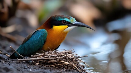 Aufkleber - A vibrant European Bee-eater rests on a small nest of twigs, with striking colors of blue, yellow, and brown plumage. The bird is perched near a blurred water body, its beak prominent in a natural