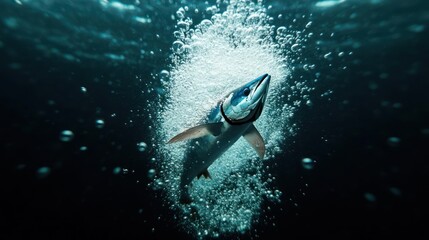 Aufkleber - Underwater shot of a sharp-toothed shark ascending through bubbles in a dark, blue ocean. The shark is positioned front and center, teeth bared, surrounded by numerous air bubbles trailing upwards