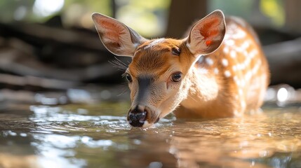 Poster - Close up shot of a young white-spotted fawn drinking water in a shallow stream, surrounded by a forest background with soft, natural lighting. The fawn is the focal point, showcasing its wet fur and
