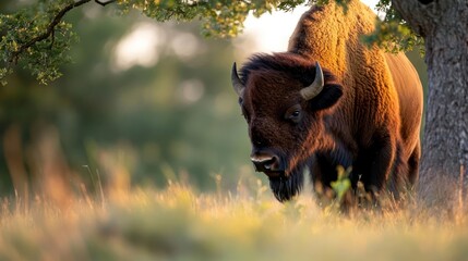 Poster - A majestic American bison stands in a grassy field beneath a tree with sunlight dappling its dark brown fur, with a blurred green and golden background. The low angle and warm light capture the