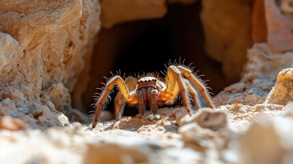 Aufkleber - Macro shot captures a brown and tan spider, its hairy legs prominent, positioned in front of a dark burrow in sandy terrain, with blurred background emphasizing its solitary nature. Ground is rocky