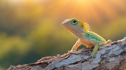 Poster - Detailed close-up captures a lizard perched on a textured branch against a blurred backdrop of foliage and a sunburst. The lizard displays intricate scale patterns with hues of green, yellow, and