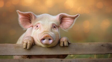 Aufkleber - Close-up of a pink pig with muddy paws resting on a wooden fence. Soft golden bokeh background adds a gentle, natural atmosphere. The pig's wet nose and expressive ears are prominently featured