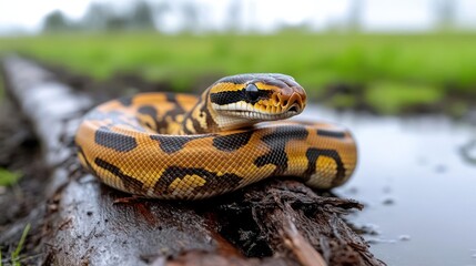 Poster - A ball python rests on a log in a marshy environment. The snake displays a mix of brown and yellow markings, with a shallow depth of field emphasizing the foreground and blurring the green