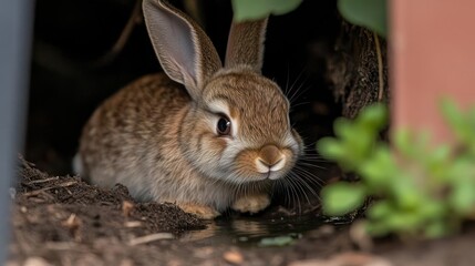 Aufkleber - A close-up shot features a brown rabbit with long ears, resting near a small puddle. Earth and foliage surround the rabbit, adding to the natural setting and creating a serene scene