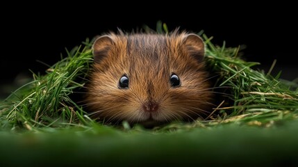 Aufkleber - Close-up of a small, brown guinea pig nestled in lush green grass against a dark background. The guinea pig's face and eyes are clearly visible, centered with green grass. Shot with macro lens and