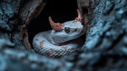 Poster - Close up shot of a white horned viper curled up in a tree hole. The snake has unique horns above its eyes. The lighting is low key with deep shadows, highlighting the snake's scales and the texture