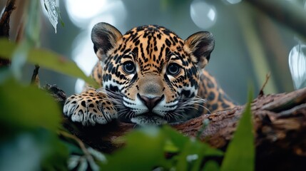 Aufkleber - Close up shot of a jaguar cub lying on a tree branch in a lush green jungle. The cub's spotted fur and bright eyes are in sharp focus, with the background blurred to emphasize the animal's presence