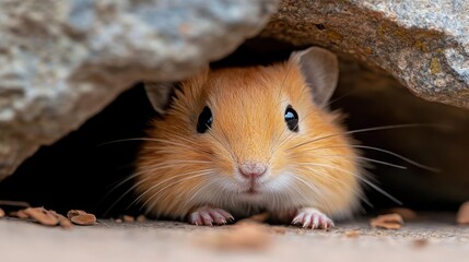 Poster - A close-up shot shows a golden brown mouse peeking out from beneath a rock. The mouse has a pink nose and long whiskers, with small paws visible at the entrance. The surrounding rocks are rough and