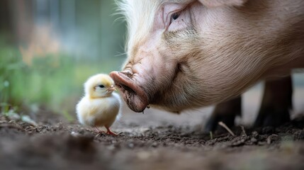 Aufkleber - A close-up captures a tender moment as a small yellow chick stands facing a large pink pig, with the pig's snout almost touching the chick's head. The background shows out-of-focus green foliage and
