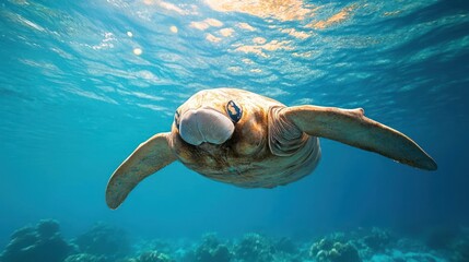 Poster - Underwater shot showcases a sea turtle gracefully swimming in the ocean, sunlight filtering through the clear water creating a vibrant scene. The turtle's shell pattern is visible with coral reefs in