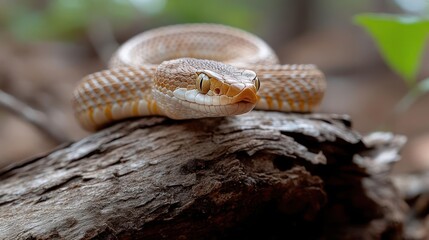 Poster - Close-up of a light brown snake coiled on a weathered tree branch. The snake's head is in focus, displaying its patterned scales and open mouth against a blurred leafy background