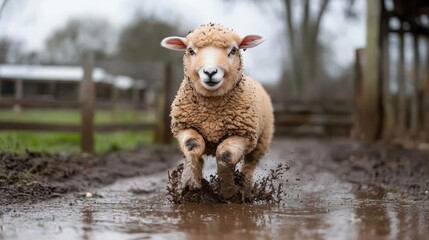 Fototapete - Front shot of sheep running in muddy puddle. The sheep has white wool with a brown tint and is covered in mud. The background shows a blurry paddock with trees and a wooden fence