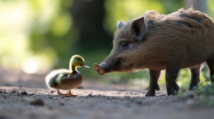 Poster - Close-up shot features a wild boar and a duckling facing each other in a blurry outdoor setting. The boar, with its coarse fur and prominent snout, stands beside the small, fluffy duckling