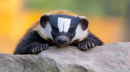 Poster - Close up of a Eurasian badger lying on a rock. The badger has black and white markings on its face and a brown and black body. The background is a blurred yellow and green foliage. Focus is on the