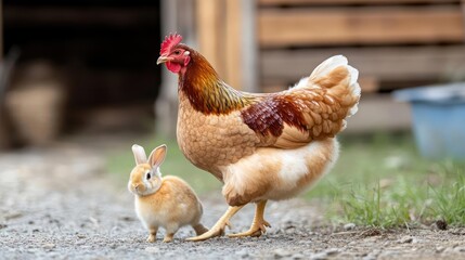 Poster - A vibrant photograph captures a reddish brown hen standing beside a small, ginger colored rabbit on a gravel path. The hen has a bright red comb, and the rabbit is fluffy and facing the camera, with