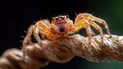 Aufkleber - Macro close-up of a vibrant orange jumping spider perched on a textured brown twig, set against a blurred background with hints of dark and green tones. The spider's intricate details are highlighted