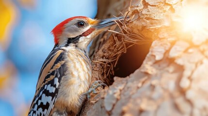 Poster - Side shot of a red-crowned woodpecker collecting nesting material at the hollow of the trunk of a tree, sunlight coming from the right side, out of focus background