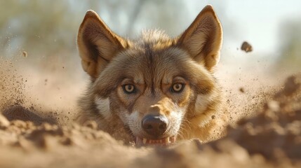 Aufkleber - A medium close-up shot of a coyote with red hair emerging from a pit of sand. The coyote's face is the focal point, covered in sand particles. The background is blurred, featuring muted earth tones