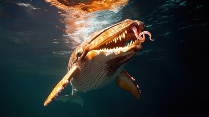 Aufkleber - Underwater view of a Leopard Shark with its mouth open, catching prey with its teeth visible, set against a blue water background. The shark's textured skin adds depth to the shot