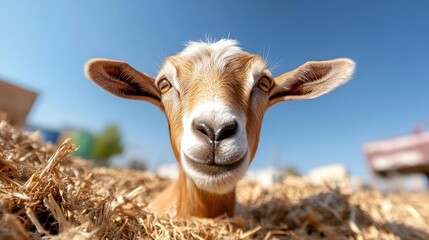 Poster - Close up shot of a goat in a haystack under a clear blue sky. The goat, primarily tan, is captured at eye level with a curious and friendly expression. The composition emphasizes the goat's face