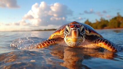 Aufkleber - Close-up shot of a sea turtle in the ocean, with vibrant colors highlighting its shell, skin, and the surrounding water. The background showcases a soft, blue sky with fluffy white clouds, creating a