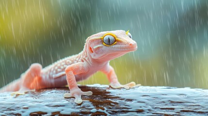 Aufkleber - Close-up of a gecko in light pink with large blue eyes and yellow markings around the eyes, sitting on a wet, weathered piece of wood during rainfall. The background is a soft blend of green and