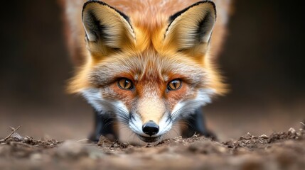 Aufkleber - Close up shot of red fox. Orange fox with pointy ears, black tipped nose, and direct eye contact with camera. Fox is digging into ground with dirt around paws against a dark background