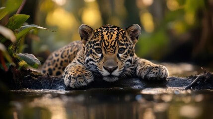 Poster - Close-up view of a young jaguar cub resting on a log in shallow water, with vibrant foliage in the background, creating a serene and wild atmosphere. The cub's intense gaze and relaxed posture evoke