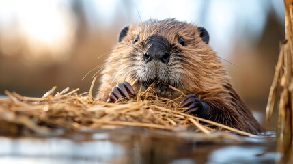 Aufkleber - A detailed eye-level shot captures a brown beaver with wet fur in water, holding dried grass. The soft lighting highlights the beaver's facial features, and the background is a blur of brown tones