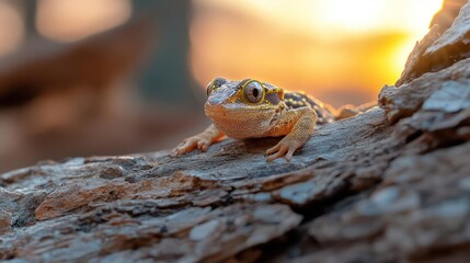 Aufkleber - Close-up of a small frog with yellow and brown patterns sitting on a textured log against a blurred golden sunset background. The frog is the focal point, highlighted by the warm light enhancing its